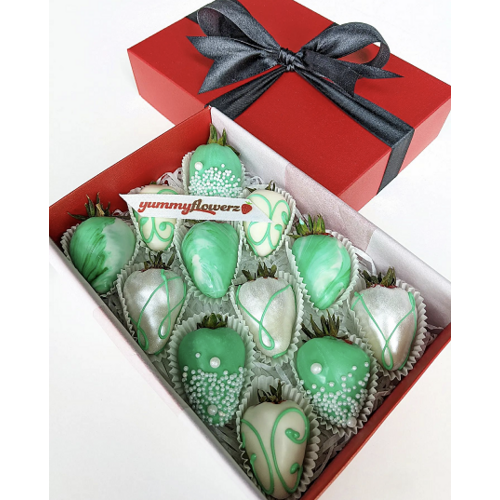 12pcs Green Marble, White & White Shimmer Chocolate Strawberries Gift Box